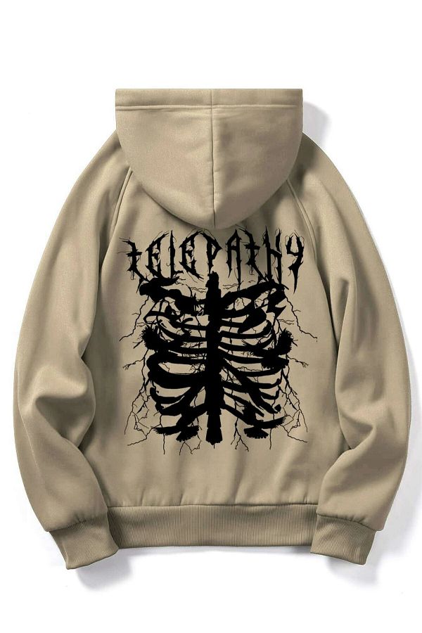 Black Sokak-Beige Telepathy Printed Oversize Hooded Men's Sweatshirt 1
