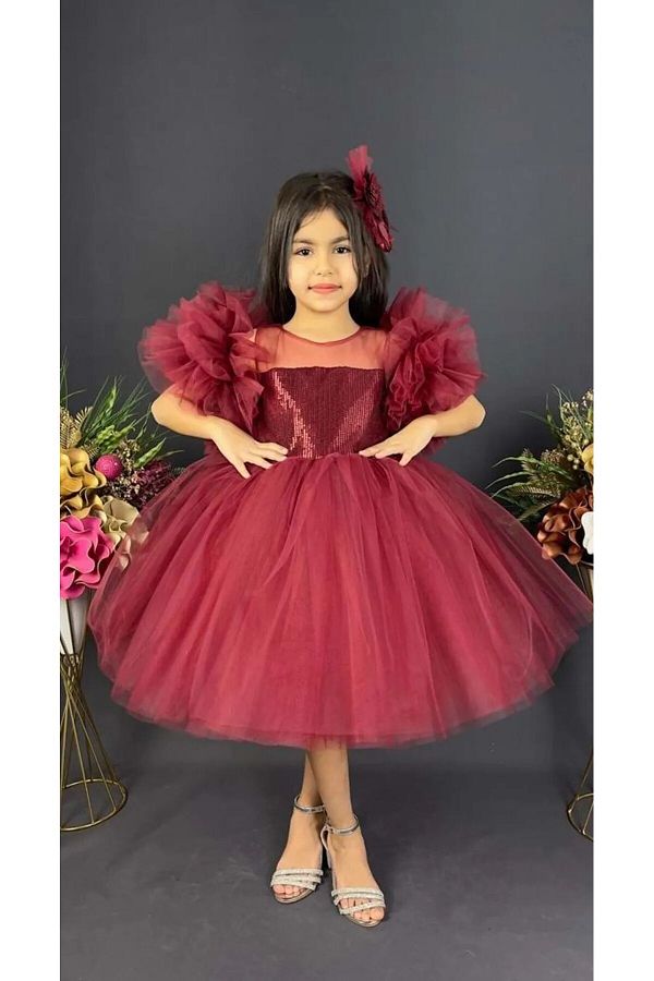 Delfini kids Chiffon Robe Pompom Sleeve Sequined Girl s Crinoline Skirt Tutu Evening Dress