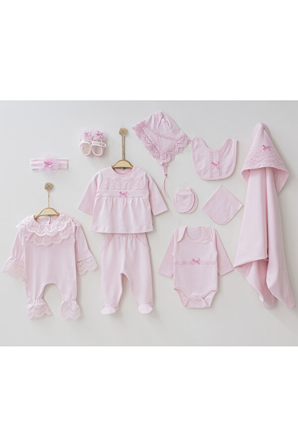 Melekpare Yenidoğan Kız Bebek Hastane Çıkışı Tulumlu Lüks Kurdele Güpür Taş Detaylı %100 Pamuk Kutulu 11li Set