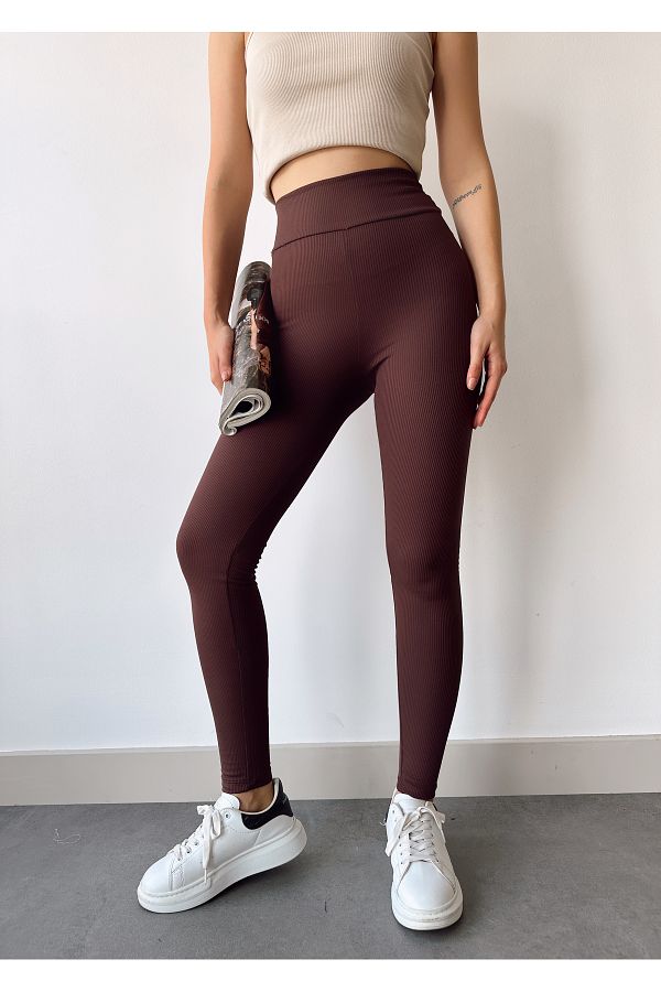 schlank-Women's Brown Cotton Inside High Waist Ribbed Recovery Leggings 1