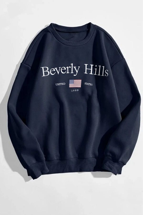 MODAGEN-Beverly Hills uniszex legénységi nyakú sötétkék oversize pulóver 1
