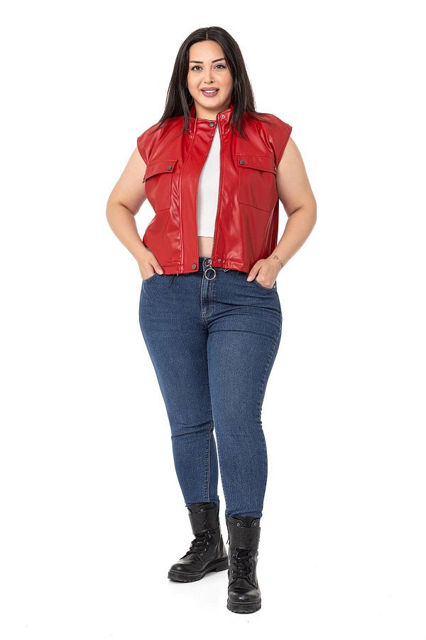 DISENTIS MODEST-Large Size Leather Short Red Vest with Drawstring Detail and Pockets 1