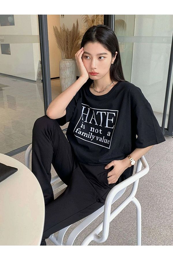 Black Sokak-Blacksokak Women's Black Hate Printed Crew Neck Tshirt 1