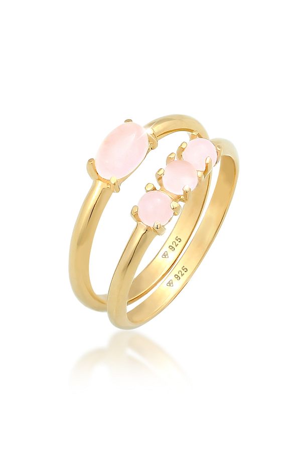 ELLI-Ring Damen Stapelring Set Vintage Trend Rosa Quarz 925 Sterling Silber vergoldet 1