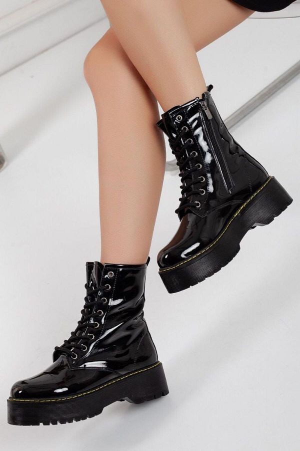 Karanshoes THICK SOLE BOOTS POSTAL BOOTS ZIPPERED BOOTS WATERPROOF BLACK Patent Leather Boots Trendyol