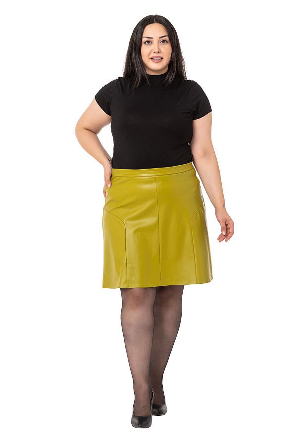DISENTIS MODEST Plus Size Leather Pistachio Green Mini Skirt Trendyol