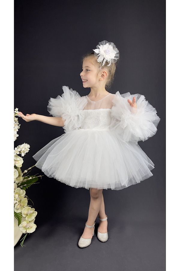 Delfini kids Chiffon Robe Pompom Sleeve Sequined Girl s Crinoline Skirt Tutu Evening Dress Trendyol