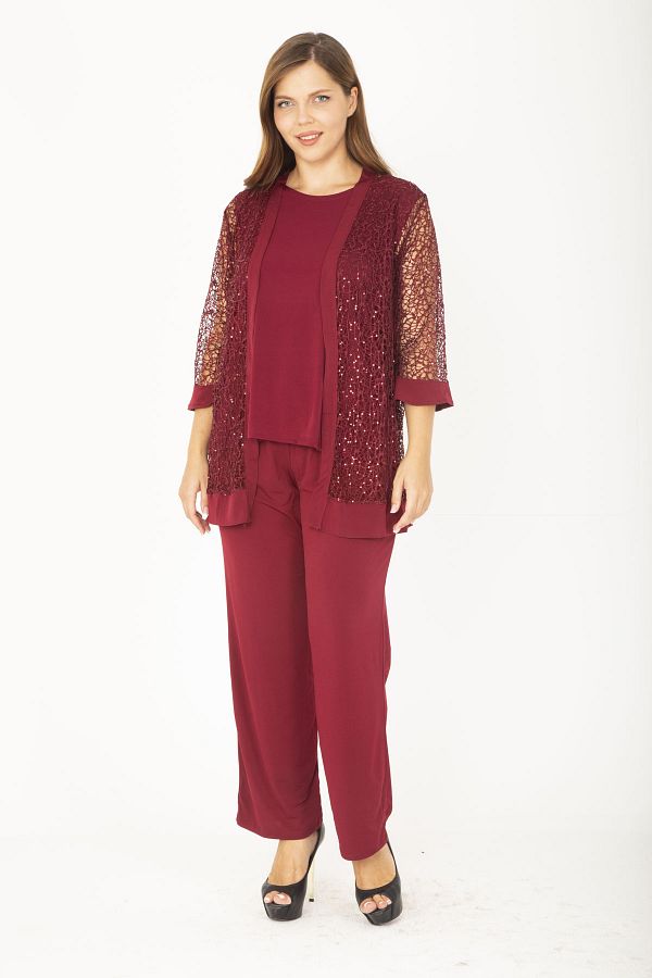 ans Women s Large Size Burgundy Lace Cardigan Underwear Blouse and Trousers 3 Piece Set 65N36849 Trendyol