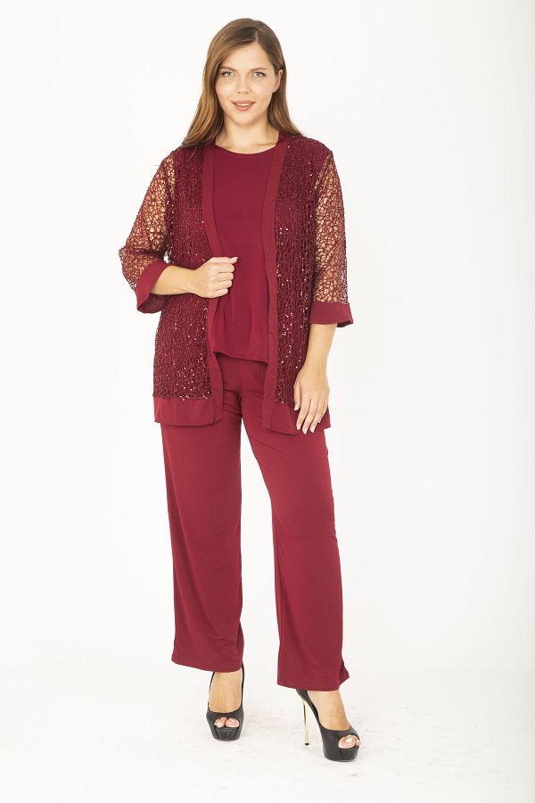 ans Women s Large Size Burgundy Lace Cardigan Underwear Blouse and Trousers 3 Piece Set 65N36849 Trendyol