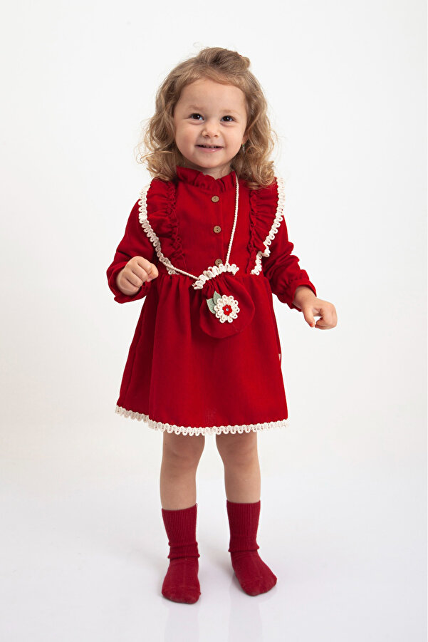 Melekpare Kız Bebek Çocuk Vintage Çantalı Kadife Elbise Dantel Detaylı Uzun Kol Dik Yakalı 2 li