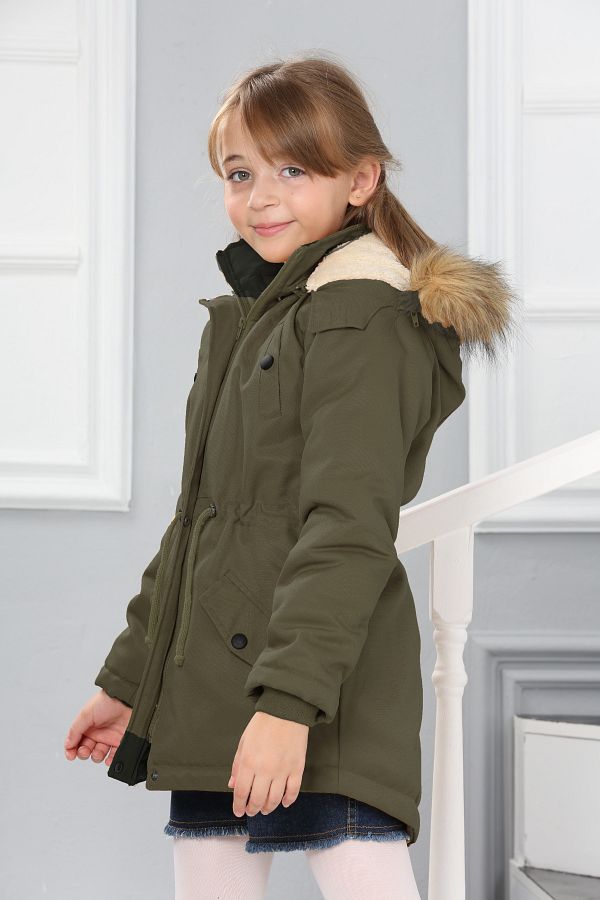 Wild Flower Hooded Long Girl s Winter Coat with Fleece Inside Trendyol
