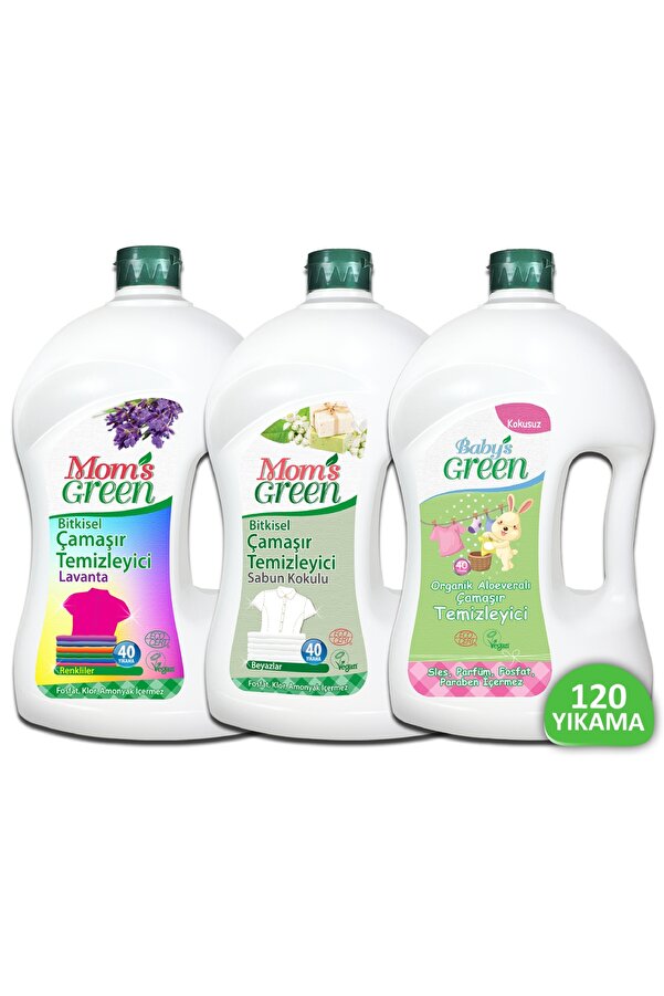 Mom's Green 3'lü Set Çamaşır Temizleyici RENKLİLER -Bebek Çamaşır Temizleyici-Sabun Kokulu Temizleyic 120 Yıkama