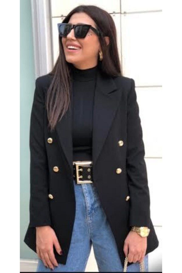 Ashley-Plus Size Long Black Blazer Jacket with Gold Buttons 1