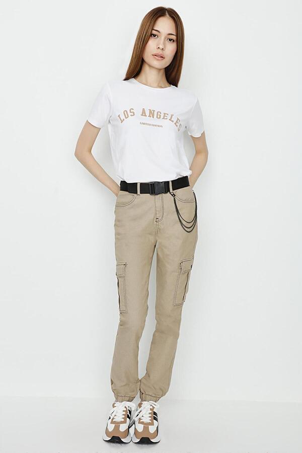 Select Moda-Pantaloni cargo de damă, bej, cu curea, cu lanț 1