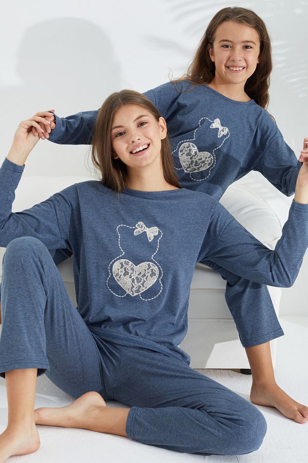 Siyah İnci-Blue melange Set de pijamale tricotate din bumbac Lycra 1