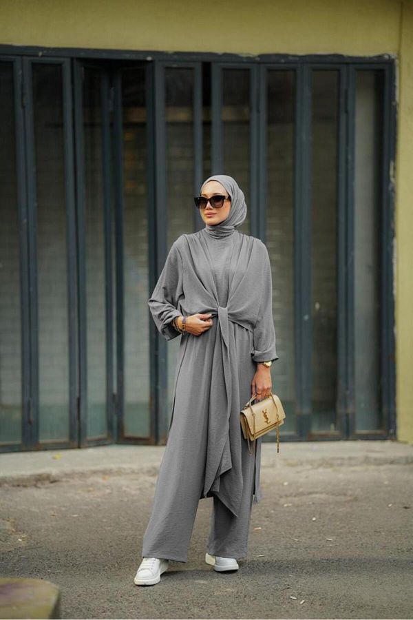 NS Moda-Hijab Cross Tied Jumpsuit Gray Model-419 1