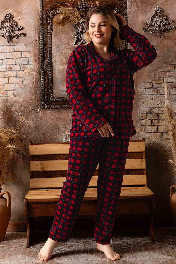 Lukitus-Full Button Plaid Pattern Large Size Welsof Pajamas Set 1