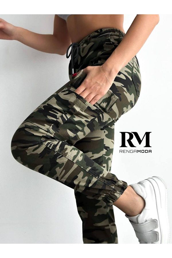 Esinty-Pantaloni cargo de damă, camuflaj, cu talie elastică, model de camuflaj 1