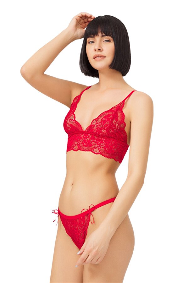 Cottonhill Women's Red Lace Transparent Non-Wireless Bra Set- Trendyol