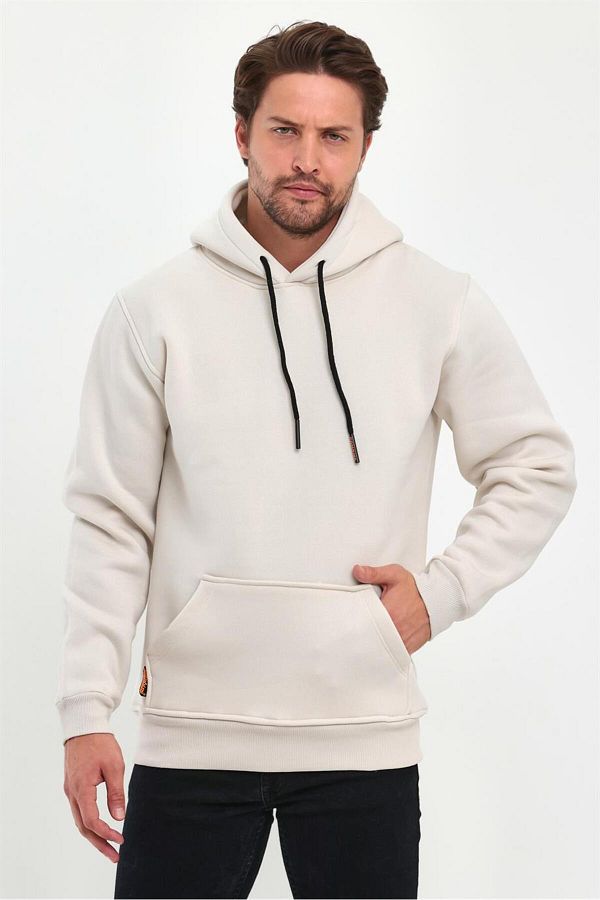 MAXIMILLIAN Beige Sand Color Men s Sweatshirt Fleece Hoodie Kangaroo Pocket Cotton Regular Cut Trendyol