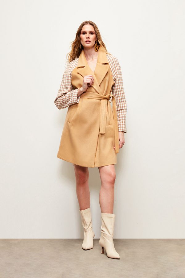Sateen Houndstooth Belted Coat CAMEL Trendyol