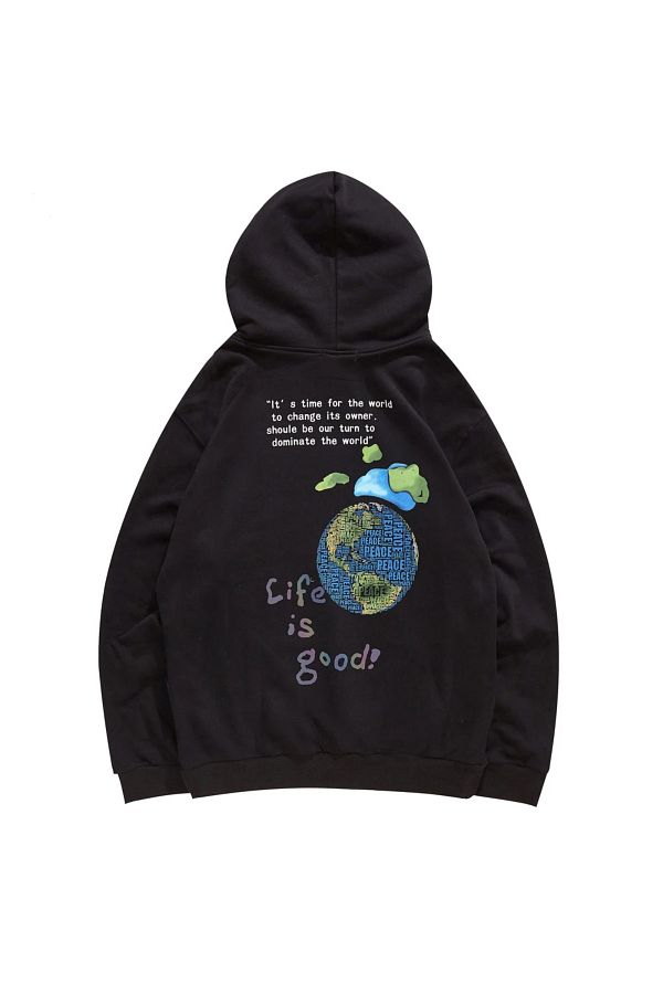 Benisengiydir Unisex Black Life Is Good Back Printed Oversize Hooded Sweatshirt Trendyol