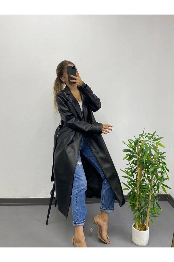 PODER A BUT K Belted Leather Trench Coat Trendyol