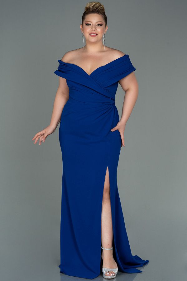 Abiyefon Saks Blue Boat Neck Slit Long Plus Size Evening Dress