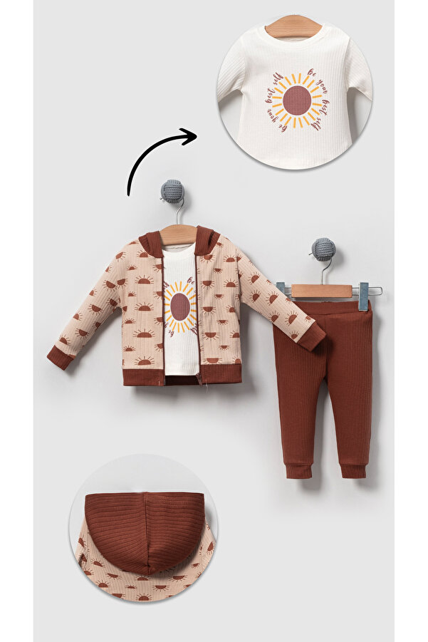 Bubito Güneş Desenli Pamuklu Bebek 3'lü Alt Üst Takım-Kahverengi