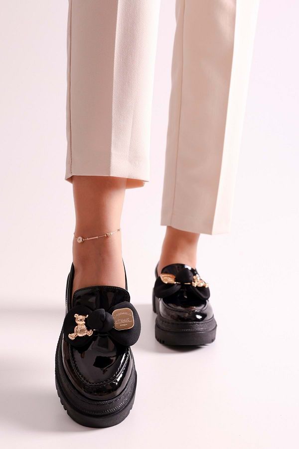 Shoeberry-Mocasini Astor din piele neagră, cu fundă, cu fundă, cu talpă groasă 1