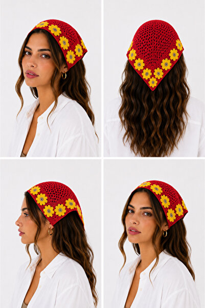 Kadın Örgü Bandana Çiçek Motifli Yazlık Bohem Saç Bandanası