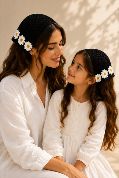 2li Anne & Kız Örgü Bandana Kombini – Çiçek Motifli Saç Bandanası (Çocuk 4-12 Yaş)