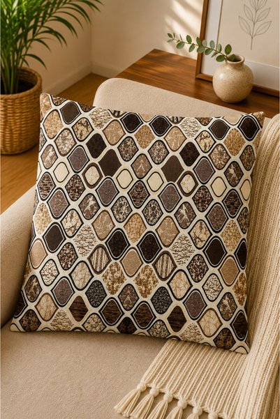 Dijital Baskılı Dekoratif Kırlent Kılıfı 43x43 cm – Modern Desenli Keten Dokulu