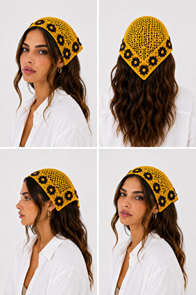 Kadın Örgü Bandana Çiçek Motifli Yazlık Bohem Saç Bandanası 17