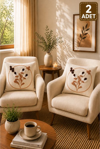 2 Adet Punch Kırlent Kılıfı 43x43 cm – Dekoratif Nakışlı Kırlent Seti