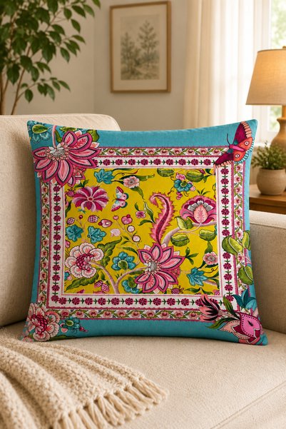 Dijital Baskılı Dekoratif Kırlent Kılıfı 43x43 cm – Modern Desenli Keten Dokulu