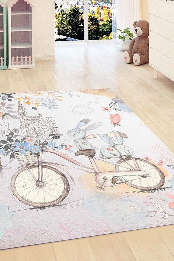 120X180 Kadser Mavi Bisikletli Tavşan 3D Modern Bebek Çocuk Odasi Halisi
