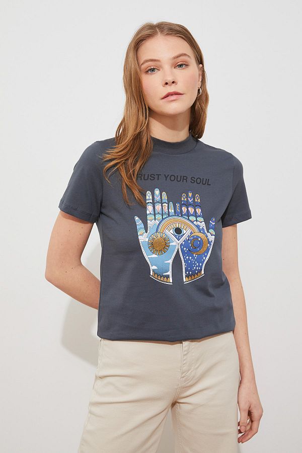Antrasit Baskılı Basic Örme T-Shirt TWOSS21TS2685