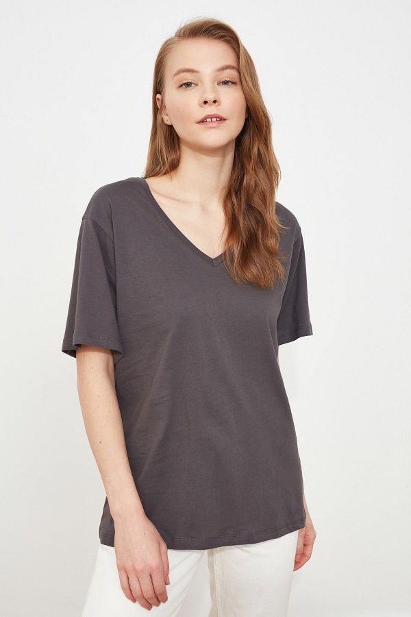 Antrasit %100 Pamuk V Yaka Boyfriend Örme T-Shirt TWOSS20TS0132