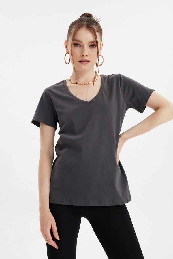 Antrasit %100 Pamuk V Yaka Basic Örme T-Shirt TWOSS20TS0129