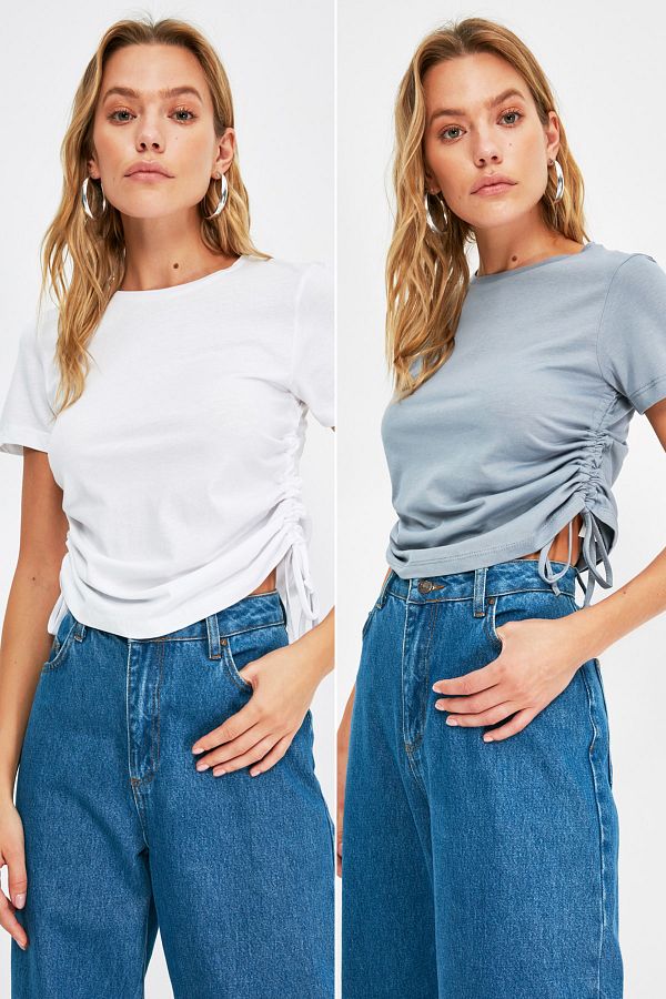 2'li Paket Beyaz-Gri Büzgülü Basic Örme T-Shirt TWOSS21TS3828