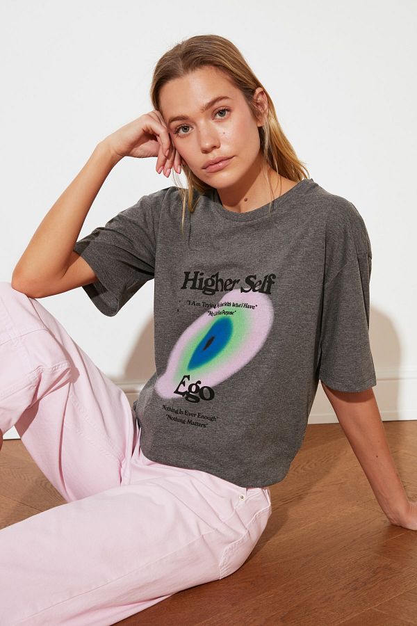 Antrasit Baskılı Loose Örme T-Shirt TWOSS21TS2717