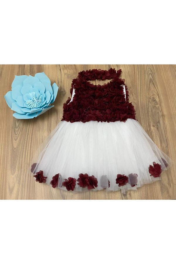 Bebek Çocuk Bordo Şifon Çiçekli Beyaz Tüllü Elbise