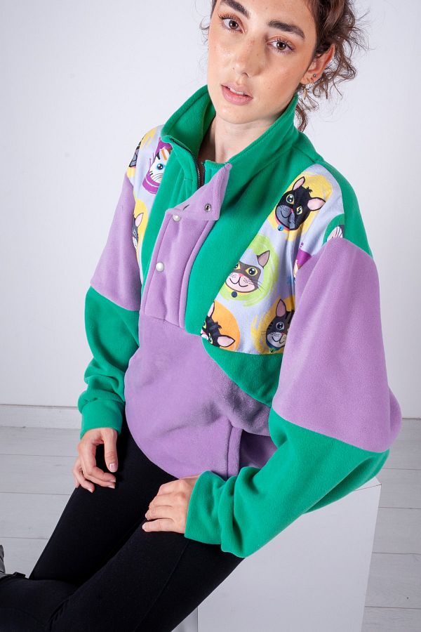Unisex Yeşil Lila Yarım Fermuarlı Polar Sweatshirt