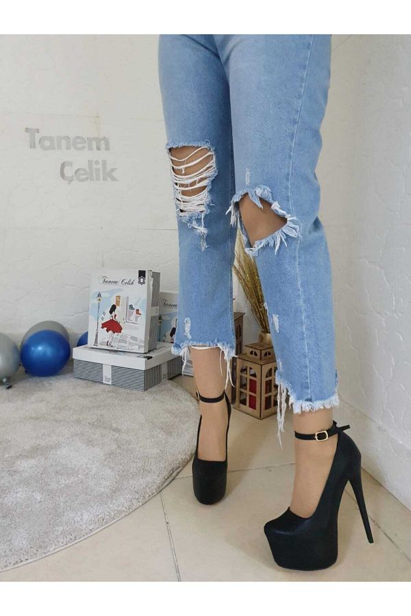 16cm Siyah Ince Topuk Deri Platform