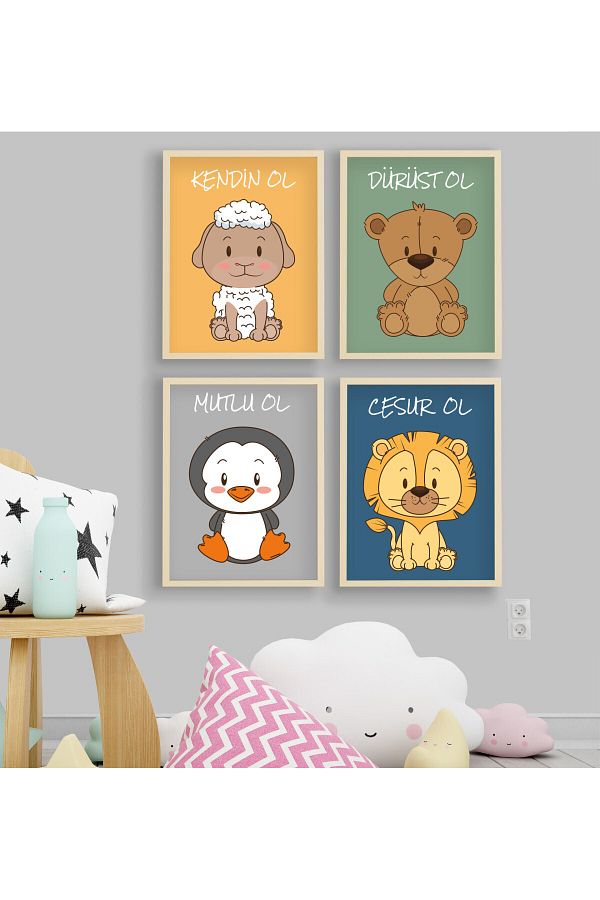 4 Adet 33 X 45cm Büyük Boy Çerçeveli Bebek, Çocuk Odası Tablo Naturel Renk Çerçeveli