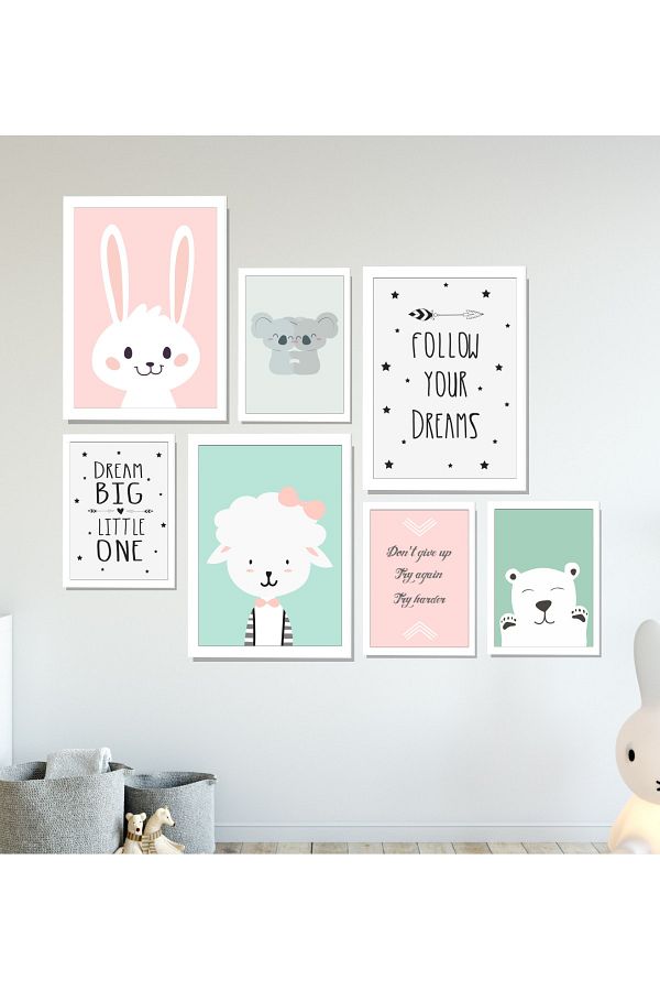 Bebek Çocuk Odası Tablo Kuzu Koala Tavşan 7'li Çerçeveli Set 3 Adet 21x30 Cm Ve 4 Adet 13x18 Cm Sfk5
