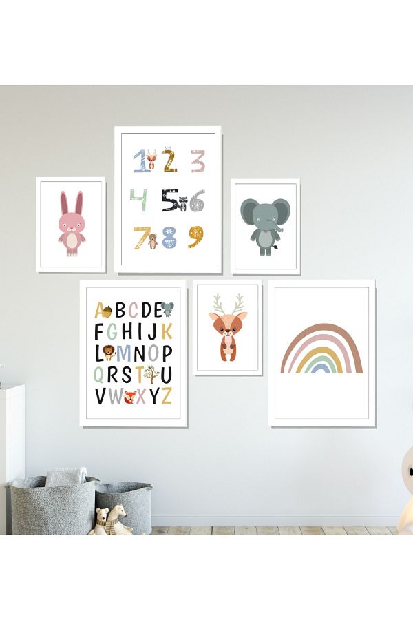 Bebek Çocuk Odası Tablo Harfler Sayılar 6'lı Çerçeveli Set 3 Adet 21x30 Cm Ve 3 Adet 13x18 Cm Sfk02