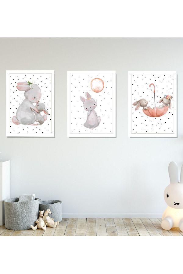 Bebek Çocuk Odası Tablo Tavşan 3'lü Çerçeveli Set 21x30 Cm Sfk47