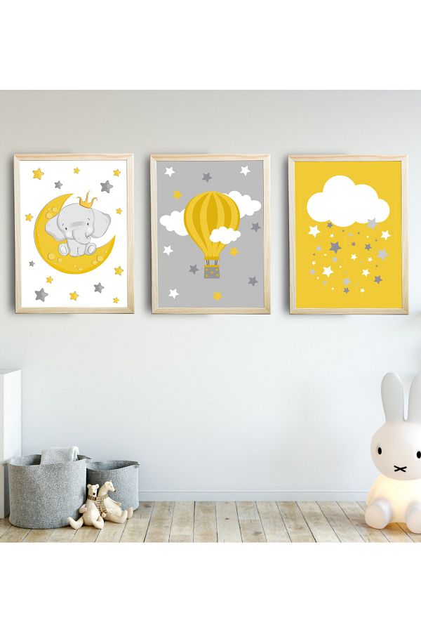 Bebek Çocuk Odası Tablo Sarı Fil Uçan Balon 3'lü Naturel Renk Doğal Ahşap Çerçeveli Set 21x30 Cm